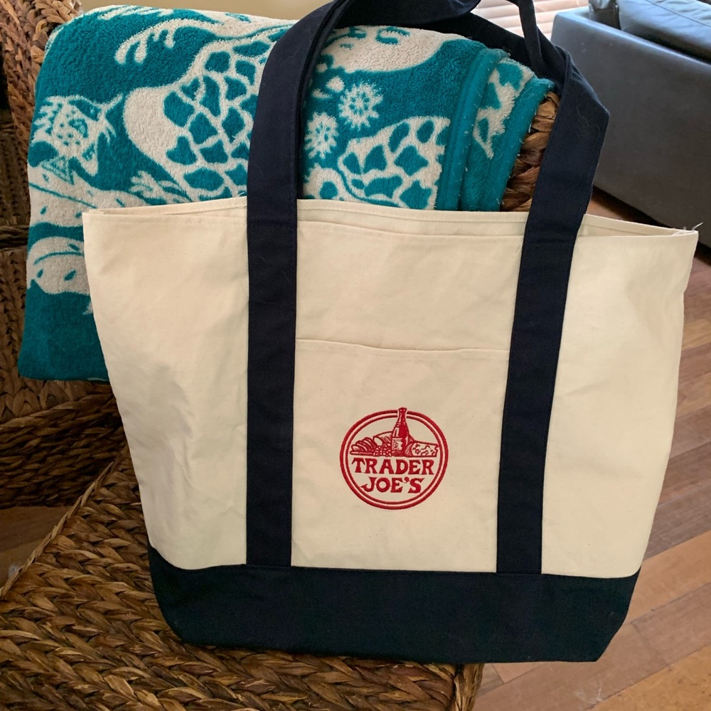 Viral Trader Joe's Canvas and Blue Tote Bag NWT